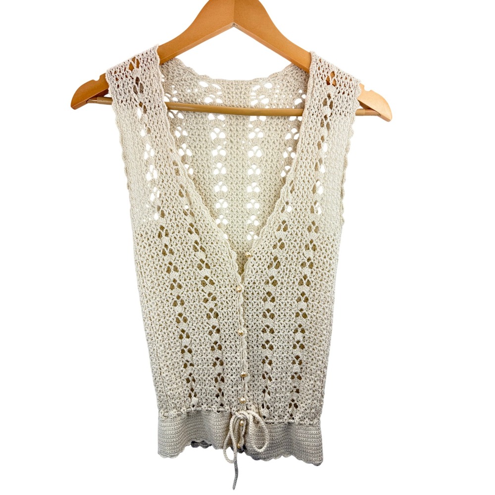 Boho Crochet Lace Vest Cream Button Front Tie‎ Waist Sleeveless Lightweight